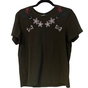 H&M Beaded Butterfly Olive Green T-shirt S
